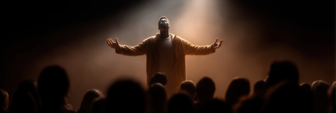 Charismatic presenter engaging audience under spotlight