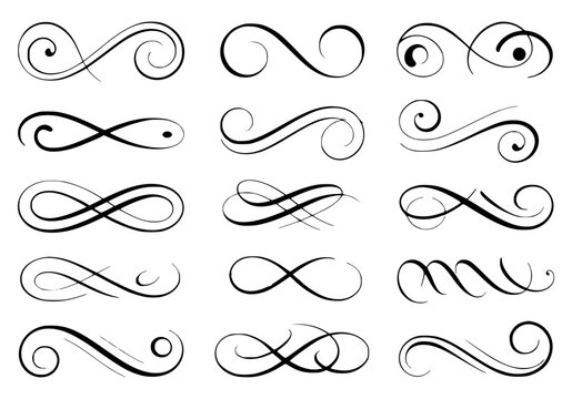 Collection of black decorative flourishes and swirls on white background ornate