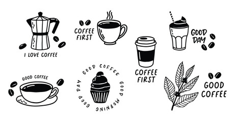 Hand drawn coffee collection. Line art. Crayon drawing style. Design for cards, menus, posters