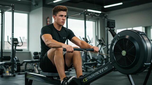 Intense Workout Session with Rowing Machine Focused Young Man in Black Shirt and Gym Environment with Gray Walls and Modern Equipment