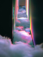 Surreal hallway with clouds reflection.
