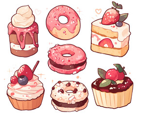 Cute pink heart sweets in chibi style with a white background