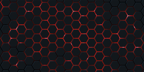 Dark wide hexagon abstract technology futuristic background with red bright energy flashes. Dark honeycomb texture grid. Vector illustration