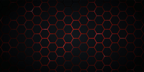Dark wide hexagon abstract technology futuristic background with red bright energy flashes. Dark honeycomb texture grid. Vector illustration