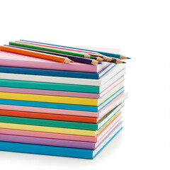 Stack of colorful paper sheets with colored pencils on top  