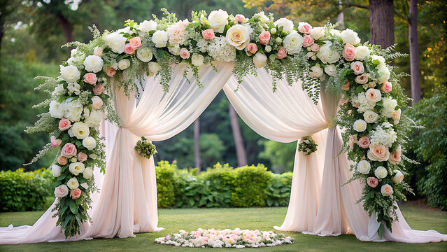 A stunning white bridal bouquet adorns a garden wedding celebration, bringing a touch of floral elegance to the event