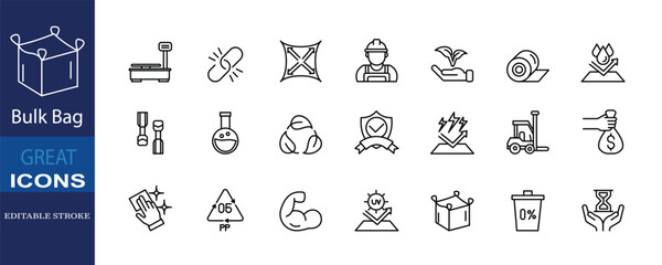 Bulk Bag icon set showing features like capacity, durability, eco-friendliness, protection, and easy handling for industrial and storage use.