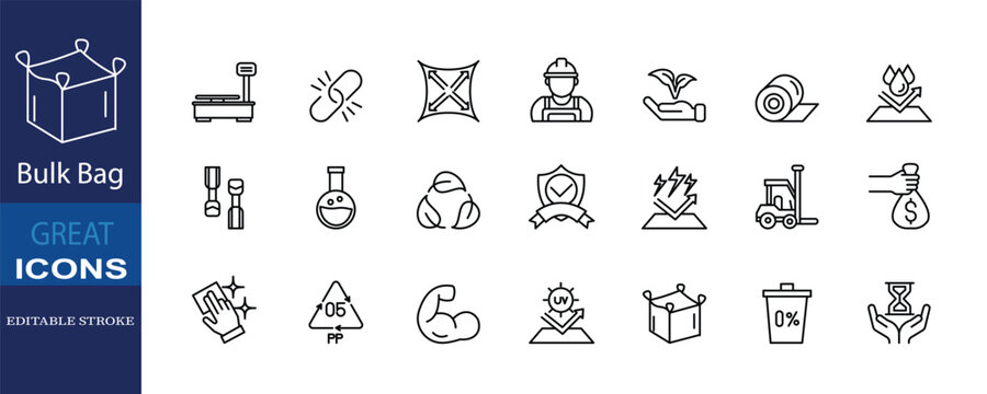 Bulk Bag icon set showing features like capacity, durability, eco-friendliness, protection, and easy handling for industrial and storage use.