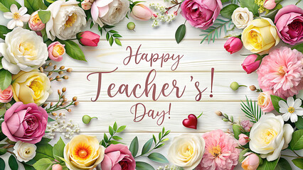 happy teachers day and Easter greeting card with floral rose bouquet design