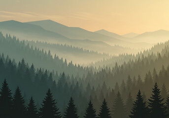 Obraz premium Serene sunrise over a misty, mountainous forest landscape. Rolling hills of evergreen trees shrouded in morning fog.