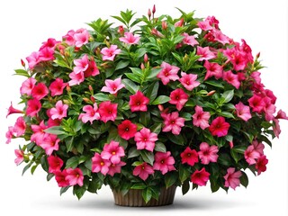 Vibrant Mandevilla Plant Bursting with Pink Blooms in Decorative Container on White