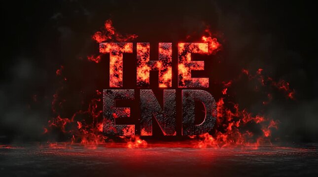 3D Horror Text Animation &ldquo;THE END&rdquo; with Red Smoke and Dark Fire Background