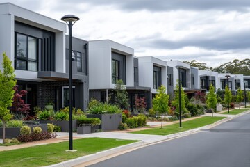 A row of modern, sleek townhouses with flat roofs and large windows in an Australian suburban setting The houses have white or grey facades and appear to be surrounded by green lawns Generative AI