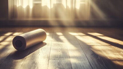 Warm Sunlight Bathes a Yoga Roller on Wooden Floor