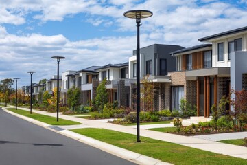 A row of modern, new townhouses in the Australian suburbs with green lawns and streetlights Generative AI