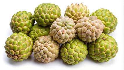 A pile of sugar apples, also known as sweetsops, on white surface