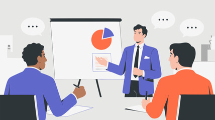 Obraz premium Minimalist Vector SVG Illustration of Business Presentation Scene with People and Chart in Flat Design Style