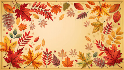 A vibrant, seamless autumn pattern of colorful maple and oak leaves creates a beautiful fall nature background and decorative frame