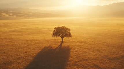 Golden Hour Solitude: Lone Tree in Misty Sunrise Meadow