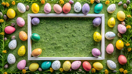 Obraz premium Colorful Easter eggs and chocolate candy border a festive frame