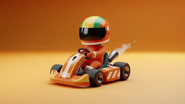Orange cartoon racer in a go kart against a burnt orange background. Exhaust smoke adds motion. Low poly 3D render.