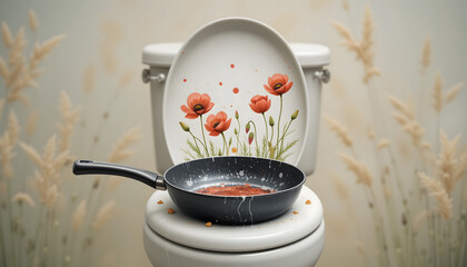 Surreal illustration of toilet with frying pan and figs, humorous concept, creative art and copy space