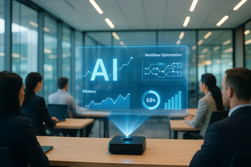 Business team observing holographic ai presentation on workflow optimization and data efficiency in modern office environment