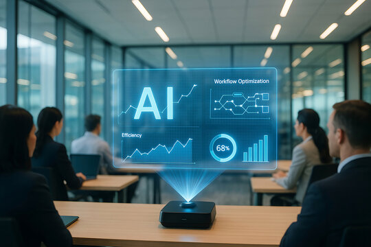 Business team observing holographic ai presentation on workflow optimization and data efficiency in modern office environment