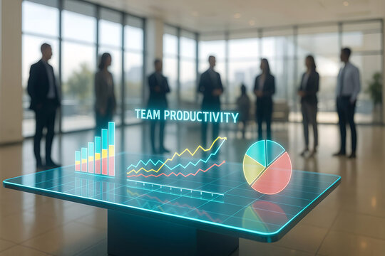 Business team standing near futuristic display presenting team productivity data visualizations for strategy and achievement
