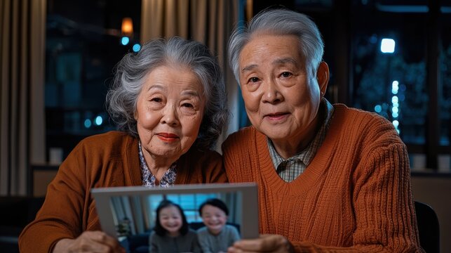 Senior Couple Engaging in Digital Storytelling at Home Cozy Living Room Capturing Moments Heartwarming Connection - Powered by Adobe