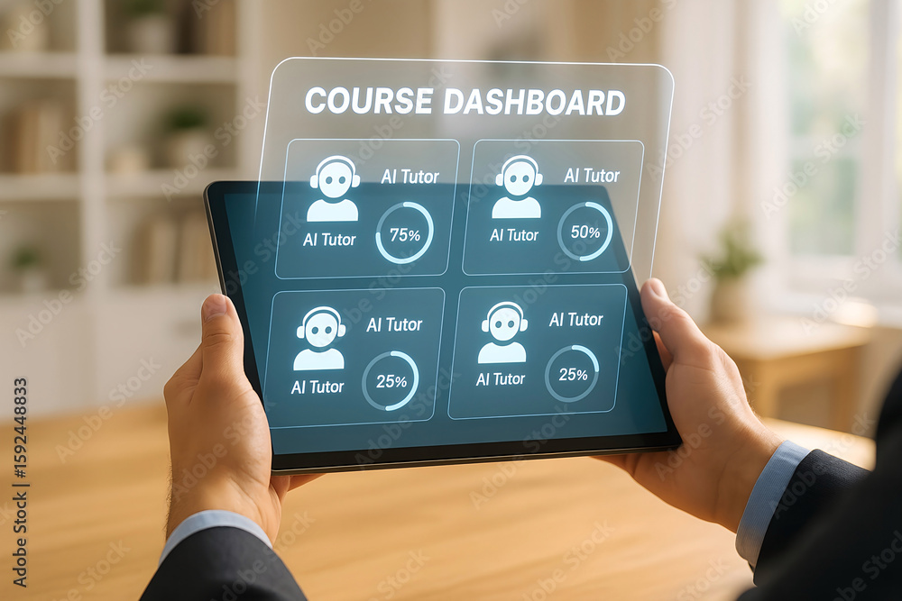 Poster businessman holding tablet displaying course dashboard with ai tutor progress indicators for online 