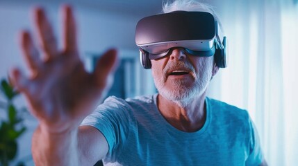 Senior Man Exploring Virtual Reality Technology at Home Immersive Experience Modern Environment Engaging Concept