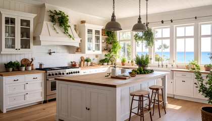 Fototapeta premium Bright White Coastal Kitchen with Ocean View