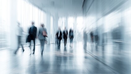 Blurred motion of people in a modern office hallway