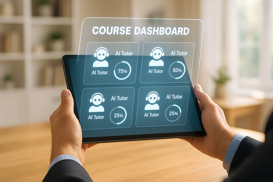 Businessman holding tablet displaying course dashboard with ai tutor progress indicators for online education and remote learning