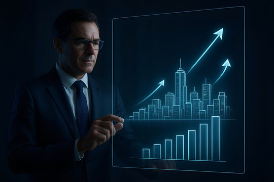 Businessman analyzing urban growth and financial success with futuristic digital interface and rising economic trends - Powered by Adobe