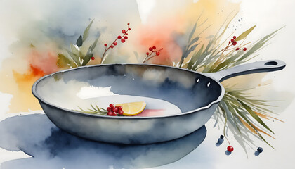 Watercolor illustration of frying pan with lemon and berries, artistic cooking theme, vibrant colors and copy space