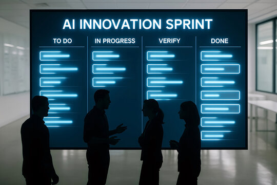 Collaborative team analyzing ai innovation sprint progress displayed on a digital board in modern office environment