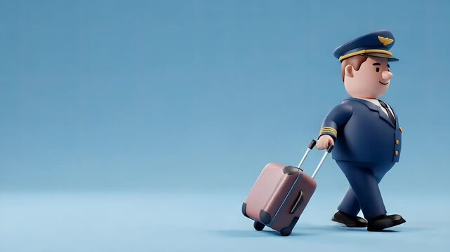 A cartoon pilot in a blue uniform pulls a brown suitcase against a light blue background. 3D animation style.