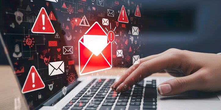 email notification and internet communication concept, Email inbox alert and spam virus with warning, email security protection alert, email technology icon, junk mail compromised