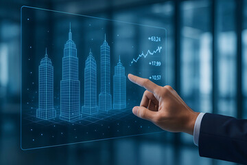 Conceptual representation of property market and real estate investment with digital skyscrapers and financial data