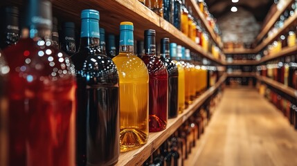 Wine bottles on wooden shelves in store