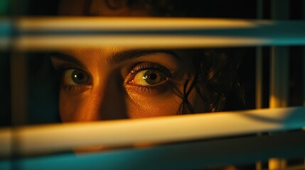 Peering through blinds: Eyes wide, hidden observer. Intense gaze, mystery unfolds. Suspense, intrigue.
