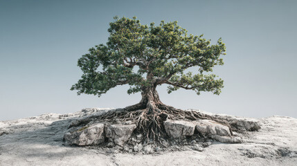 Ancient tree with exposed roots on rocky terrain nature