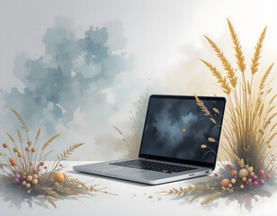 Stylish laptop with artistic background and natural decor, dried grass, colorful berries, modern workspace and copy space
