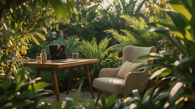 A tranquil workspace featuring a laptop, water, and armchair set amidst lush green foliage, creating a serene outdoor office environment. - Powered by Adobe