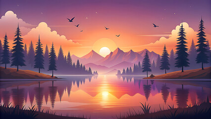 Fototapeta premium Capturing nature's beautiful landscape, the serene morning sun rises over the lake, its golden reflection mirroring the forest trees and clouds, while the evening sky settles on the mountain