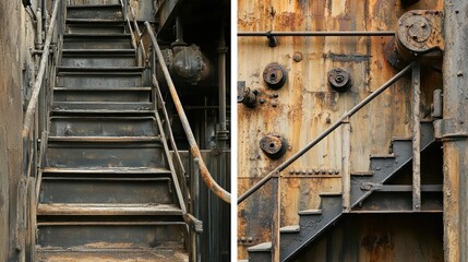 Weathered Industrial Staircase: Rusty Metal, Grunge Texture, Architectural Detail, Abstract Composition.