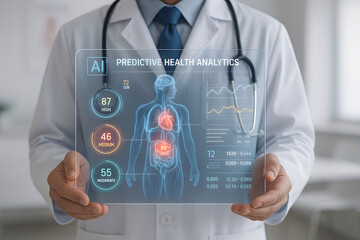 Doctor examining predictive health analytics on futuristic digital interface displaying body scans and vital health data for diagnosis and treatment