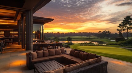 Luxurious Golf Course Sunset: Outdoor Lounge, Dramatic Sky, Serene Landscape.